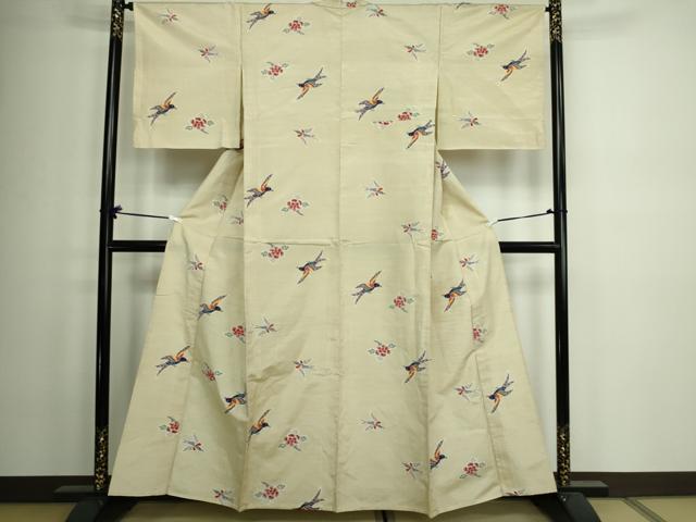 平和屋着物▽上質な紬 単衣 花鳥文 正絹 逸品 未使用 DAAW9207sf