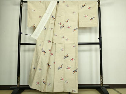 平和屋着物▽上質な紬 単衣 花鳥文 正絹 逸品 未使用 DAAW9207sf