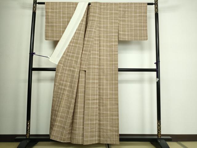 平和屋着物▽上質な紬 単衣 格子 正絹 逸品 DAAW9226sf