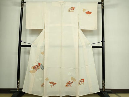 平和屋着物▽訪問着　単衣　駒刺繍　舞扇花文　金彩　正絹　逸品　DAAW9230sf