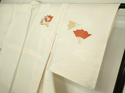平和屋着物▽訪問着　単衣　駒刺繍　舞扇花文　金彩　正絹　逸品　DAAW9230sf