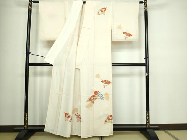 平和屋着物▽訪問着　単衣　駒刺繍　舞扇花文　金彩　正絹　逸品　DAAW9230sf