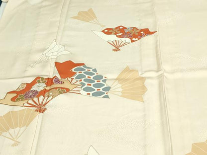 平和屋着物▽訪問着　単衣　駒刺繍　舞扇花文　金彩　正絹　逸品　DAAW9230sf