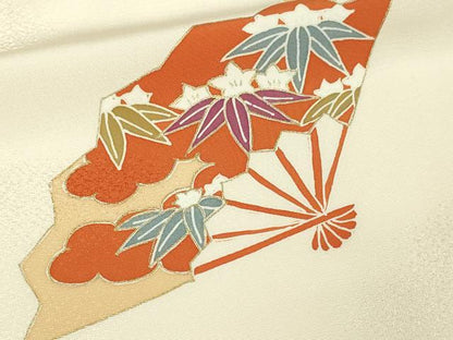 平和屋着物▽訪問着　単衣　駒刺繍　舞扇花文　金彩　正絹　逸品　DAAW9230sf