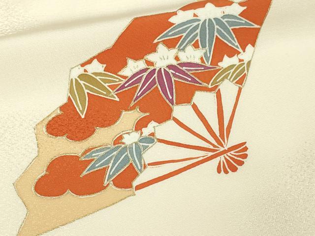 平和屋着物▽訪問着　単衣　駒刺繍　舞扇花文　金彩　正絹　逸品　DAAW9230sf