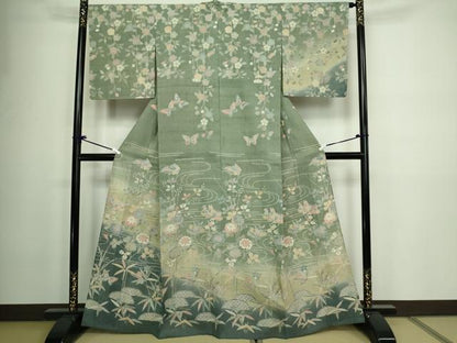 平和屋着物▽訪問着 単衣 生紬 花鳥文 暈し染め 正絹 逸品 DAAW9232sf