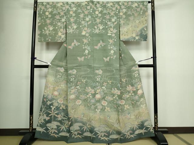 平和屋着物▽訪問着 単衣 生紬 花鳥文 暈し染め 正絹 逸品 DAAW9232sf