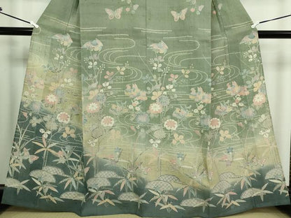 平和屋着物▽訪問着 単衣 生紬 花鳥文 暈し染め 正絹 逸品 DAAW9232sf