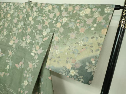 平和屋着物▽訪問着 単衣 生紬 花鳥文 暈し染め 正絹 逸品 DAAW9232sf