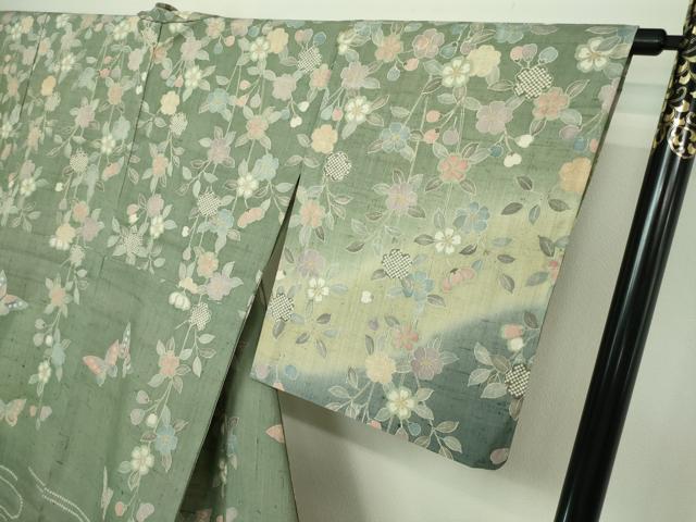 平和屋着物▽訪問着 単衣 生紬 花鳥文 暈し染め 正絹 逸品 DAAW9232sf