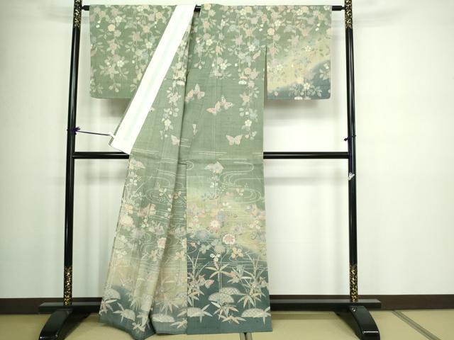 平和屋着物▽訪問着 単衣 生紬 花鳥文 暈し染め 正絹 逸品 DAAW9232sf
