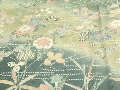 平和屋着物▽訪問着 単衣 生紬 花鳥文 暈し染め 正絹 逸品 DAAW9232sf