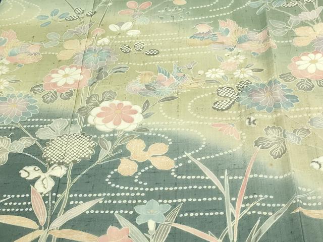 平和屋着物▽訪問着 単衣 生紬 花鳥文 暈し染め 正絹 逸品 DAAW9232sf