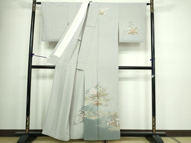 平和屋着物▽訪問着 単衣 風景草花文 暈し染め 金彩 反端付き 正絹 逸品 DAAW9234sf