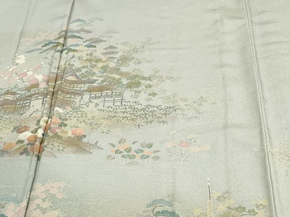 平和屋着物▽訪問着 単衣 風景草花文 暈し染め 金彩 反端付き 正絹 逸品 DAAW9234sf