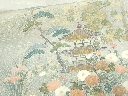 平和屋着物▽訪問着 単衣 風景草花文 暈し染め 金彩 反端付き 正絹 逸品 DAAW9234sf