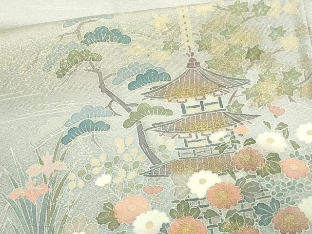 平和屋着物▽訪問着 単衣 風景草花文 暈し染め 金彩 反端付き 正絹 逸品 DAAW9234sf