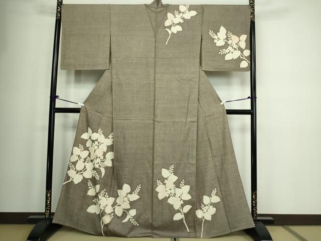 平和屋着物▽訪問着 単衣 紬地 枝葉文 正絹 逸品 DAAW9249sf