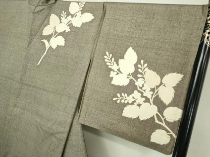 平和屋着物▽訪問着 単衣 紬地 枝葉文 正絹 逸品 DAAW9249sf