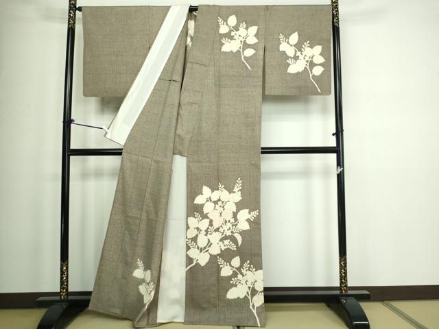 平和屋着物▽訪問着 単衣 紬地 枝葉文 正絹 逸品 DAAW9249sf