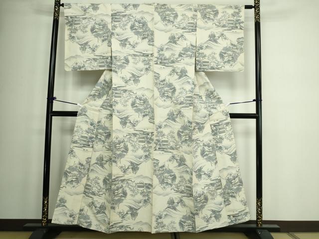 平和屋着物▽上質な紬　単衣　風景文　正絹　逸品　DAAW9262sf