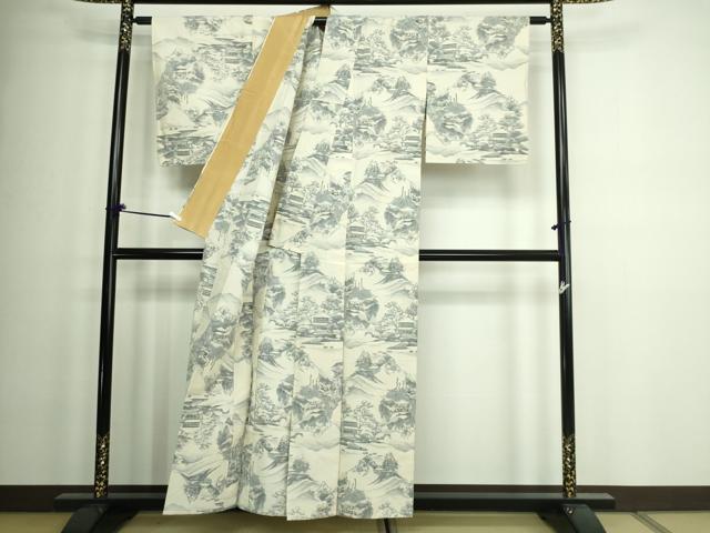 平和屋着物▽上質な紬　単衣　風景文　正絹　逸品　DAAW9262sf