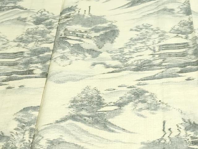 平和屋着物▽上質な紬　単衣　風景文　正絹　逸品　DAAW9262sf