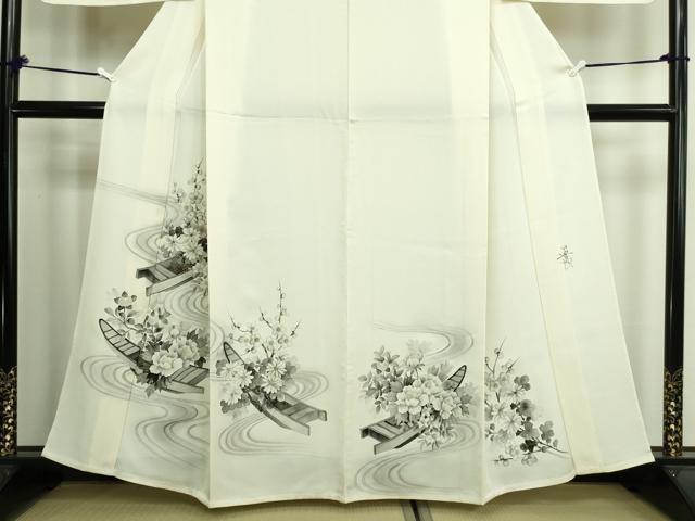 平和屋着物▽訪問着　単衣　作家物　手描き　流水花船文　正絹　逸品　未使用　DAAW9272sf 平和屋着物▽訪問着 単衣 作家物 手描き 流水花船文 正絹