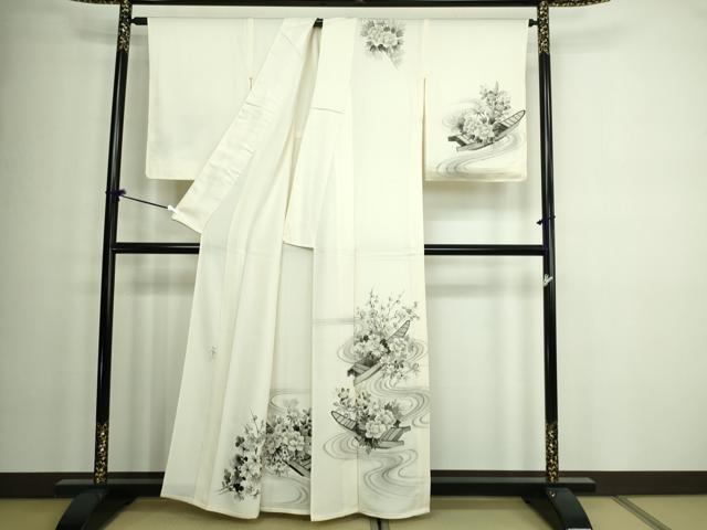 平和屋着物▽訪問着　単衣　作家物　手描き　流水花船文　正絹　逸品　未使用　DAAW9272sf 平和屋着物▽訪問着 単衣 作家物 手描き 流水花船文 正絹