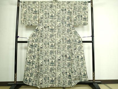 平和屋着物▽上質な小紋 単衣 型染め 風景文 鬼しぼ縮緬 正絹 逸品 DAAW9277sf