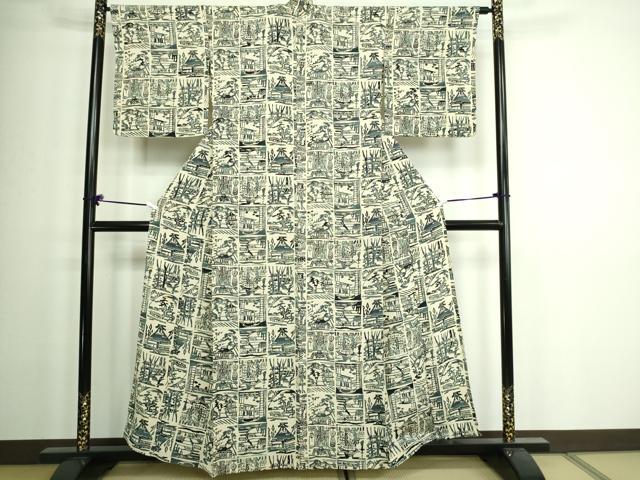平和屋着物▽上質な小紋 単衣 型染め 風景文 鬼しぼ縮緬 正絹 逸品 DAAW9277sf