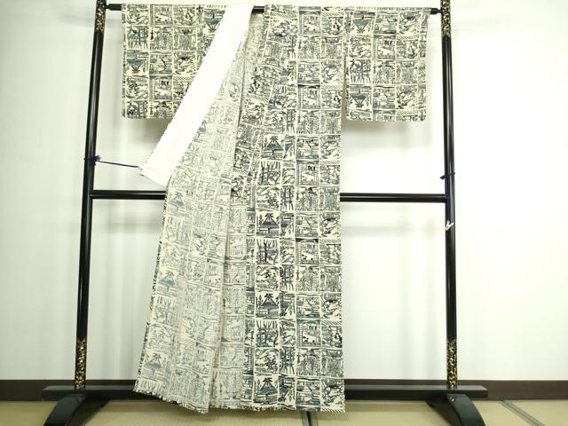 平和屋着物▽上質な小紋 単衣 型染め 風景文 鬼しぼ縮緬 正絹 逸品 DAAW9277sf