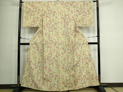 平和屋着物▽小千谷紬 単衣 枝梅 正絹 逸品 DAAW9285sf