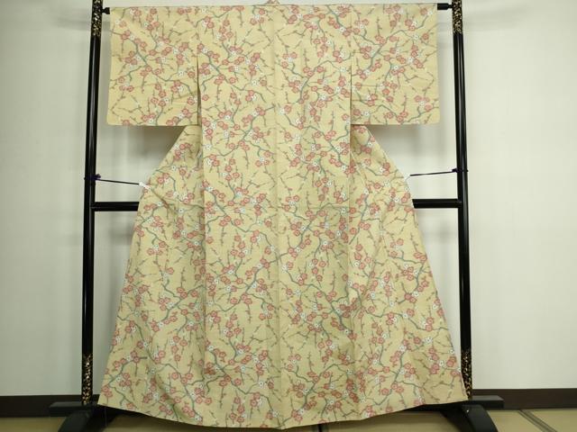 平和屋着物▽小千谷紬 単衣 枝梅 正絹 逸品 DAAW9285sf