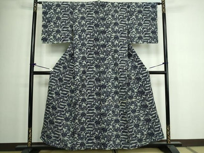 平和屋着物▽ぜんまい紬 単衣 型染め 草花文 正絹 逸品 DAAW9287sf