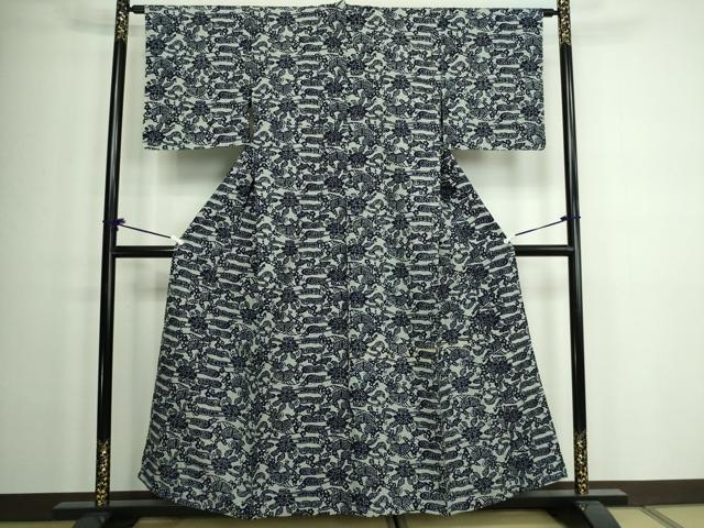 平和屋着物▽ぜんまい紬 単衣 型染め 草花文 正絹 逸品 DAAW9287sf