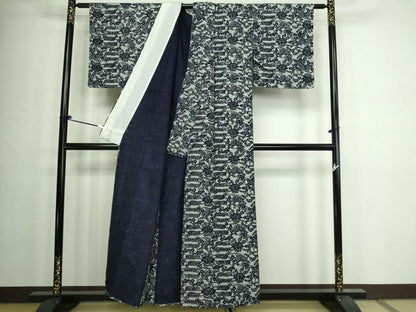 平和屋着物▽ぜんまい紬 単衣 型染め 草花文 正絹 逸品 DAAW9287sf