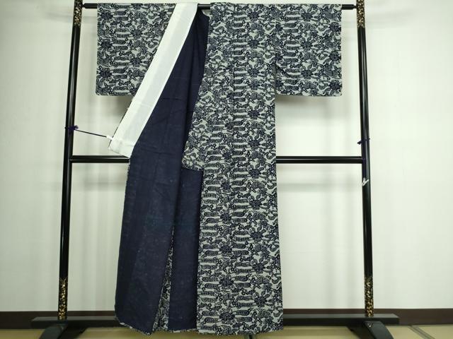 平和屋着物▽ぜんまい紬 単衣 型染め 草花文 正絹 逸品 DAAW9287sf