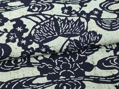 平和屋着物▽ぜんまい紬 単衣 型染め 草花文 正絹 逸品 DAAW9287sf