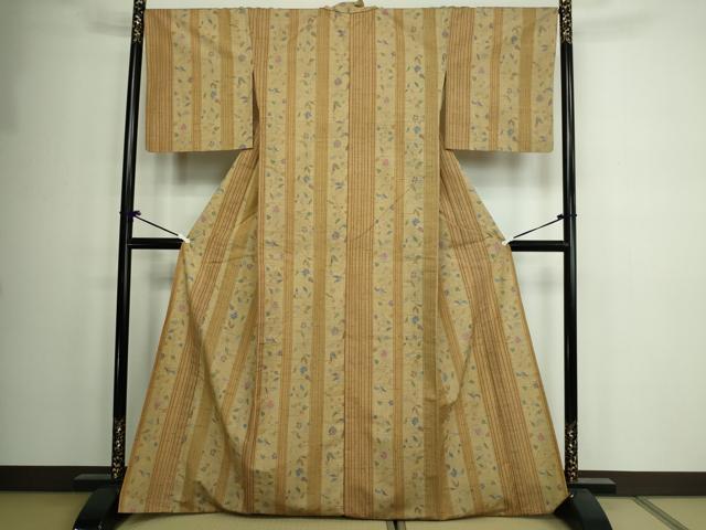 平和屋着物▽上質な小紋 単衣 紬地 更紗花文 正絹 逸品 DAAW9288sf