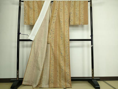平和屋着物▽上質な小紋 単衣 紬地 更紗花文 正絹 逸品 DAAW9288sf