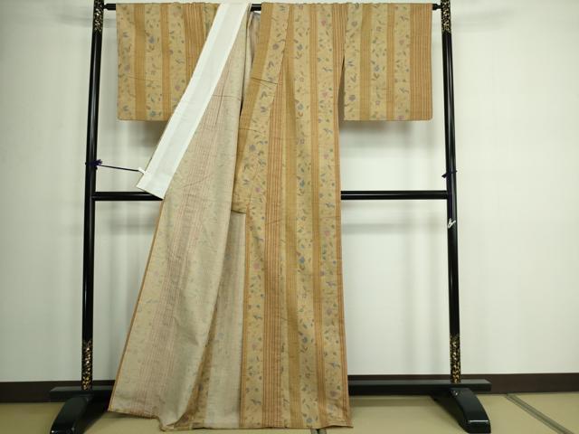 平和屋着物▽上質な小紋 単衣 紬地 更紗花文 正絹 逸品 DAAW9288sf