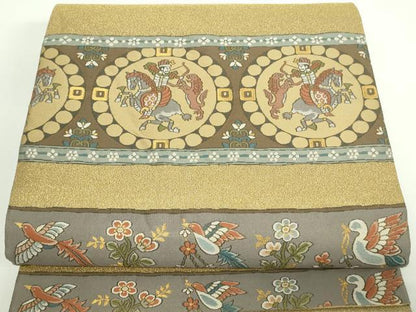 平和屋着物▼六通柄袋帯　狩猟花鳥文　金糸　正絹　逸品　DAAW9293sf