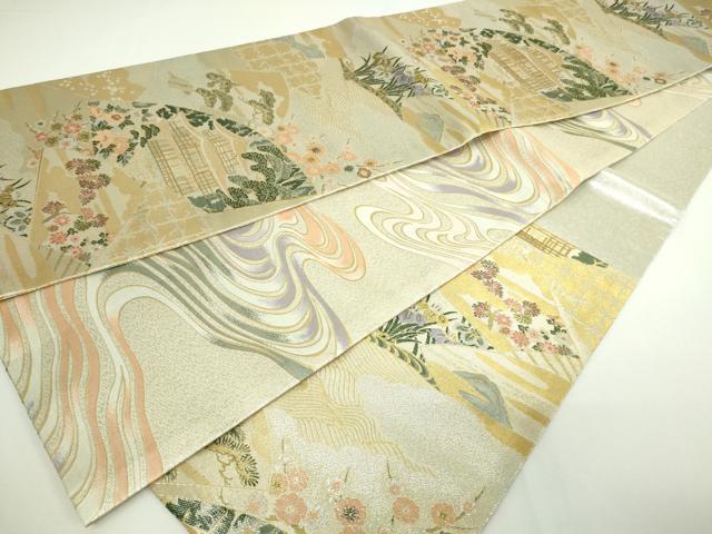 平和屋着物▼両面　六通柄袋帯　風景草花文　金銀糸　正絹　逸品　DAAW9317sf