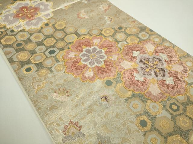 平和屋着物▼六通柄袋帯　亀甲花文　金銀糸　正絹　逸品　DAAW9342sf