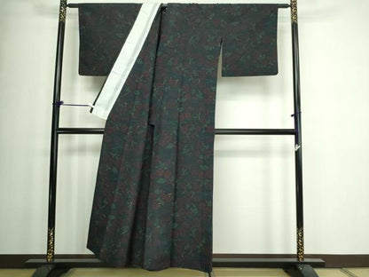平和屋着物▽上質な紬　単衣　草花文　正絹　逸品　DAAW9369sf