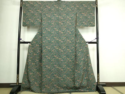 平和屋着物▽上質な小紋　単衣　亀甲草花文　ロング丈　正絹　逸品　DAAW9375sf