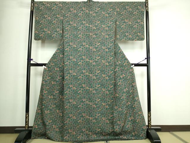 平和屋着物▽上質な小紋　単衣　亀甲草花文　ロング丈　正絹　逸品　DAAW9375sf