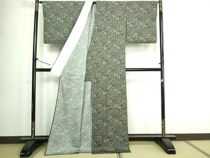 平和屋着物▽上質な小紋　単衣　亀甲草花文　ロング丈　正絹　逸品　DAAW9375sf
