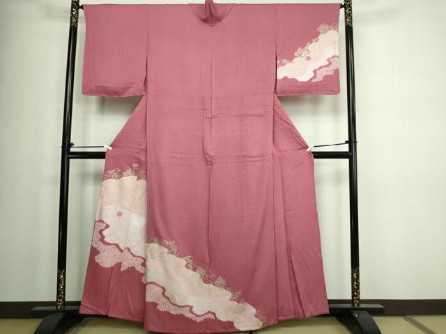 平和屋着物▽訪問着　単衣　絞り　刺繍　檜扇花文　金銀彩　正絹　逸品　DAAW9381sf